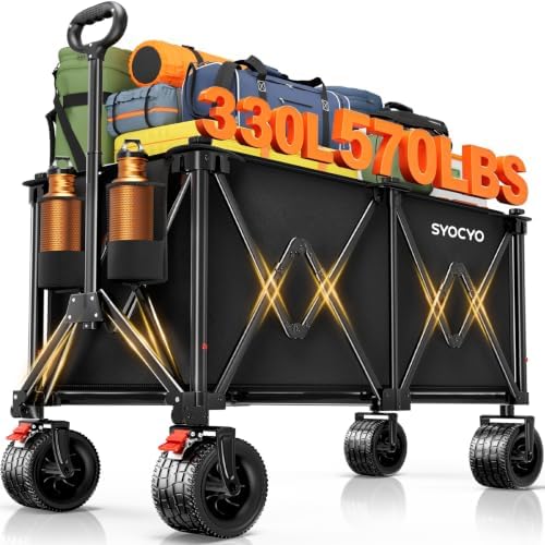 Beach Wagon Carts Foldable 570LBS Collapsible Wagon with Big All-Terrain Wheels for Sand 330L Heavy Duty Utility Carts with Cup Holders for Garden, Camping, Grocery, Black by SYOCYO