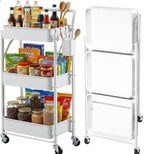 Foldable Rolling Cart 3-Tier Small Foldable Utility Storage Cart Multifunctional Metal Storage Bin Heavy Duty Organizer Carts with Rolling Wheels for Home Office (White) by Payeel
