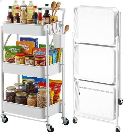 Foldable Rolling Cart 3-Tier Small Foldable Utility Storage Cart Multifunctional Metal Storage Bin Heavy Duty Organizer Carts with Rolling Wheels for Home Office (White) by Payeel