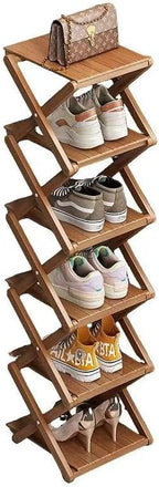 Bamboo Shoe Rack - No Assembly Required, Tall Narrow Foldable Shoe Organizer, Space-Saving Multifunctional Shelf for Entryways, Corners, Bedrooms, Balconies, 6 Layer Brown (Reinforced And Thickened ) by XZXWZX