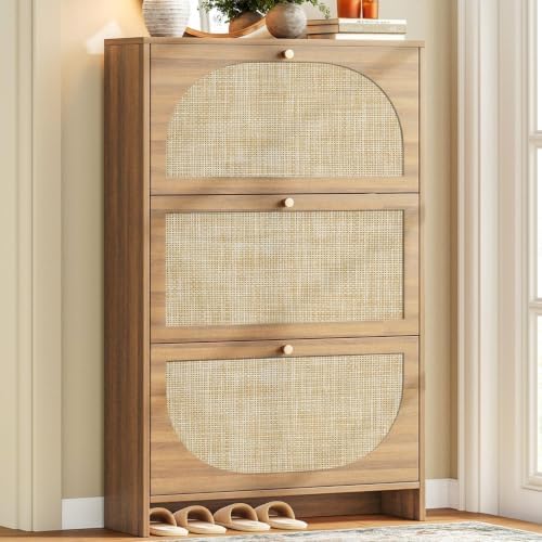 Nicetree Shoe Storage Cabinet for Entryway, Slim Arched Rattan Accent Shoe Cabinet with 3 Flip Drawers & 3-Tier Adjustable Shelves, Modern Boho Shoe Storage Cabinet, Narrow Shoe Rack for Small Spaces by Nicetree