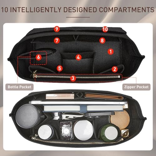 Doxo Purse Organizer Insert for Handbags & Base Shaper 2pc Set, Felt Neverfull PM Organizer Insert, Tote Bag Organizer with Zipper Pocket and Bottle Holder, Fit Neverfull PM and More, Black-M - Image 4