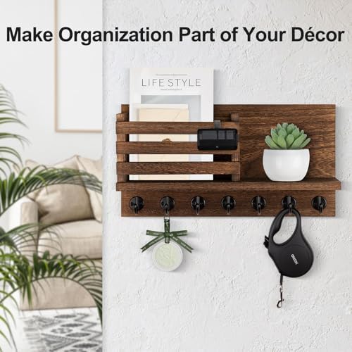 Lwenki Key Holder for Wall – Decorative Wooden Mail Holder and Key Shelf with Mounting Hardware, Installation Guide – Paulownia Wood with Metal Key Hooks (Brown, Extra Large - 15.6inch) - Image 3