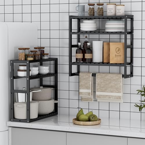 PPN Towel Rack Bathroom Storage Shelves Over The Toilet with Towel Bar 100% Bamboo Adjustable Height Floating Shelf Wall Shower Shelf for Small Space Bathroom Kitchen Multi Usage (Black-2Pack) - Image 5