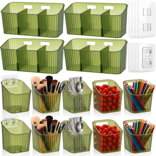 14 Pack Cabinet Door Organizer Adhesive Wall Mount Storage Bins Makeup Containers Stackable Organizer Basket for Kitchen Cabinets, Bathroom, Pantry, Office, Refrigerator (Frosted Green) by Ferrochef