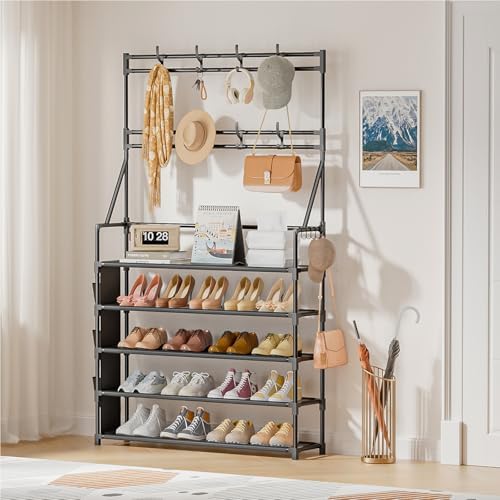 OYREL Shoe Rack, 5 Tier Shoes Storage Organizer with Hooks and Side Pocket - Image 2