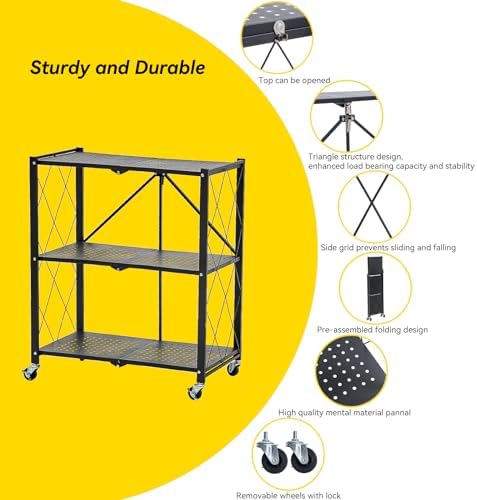 BRIAN & DANY 3-Tier Foldable Storage Shelves with Wheels, No Assembly Folding Shelf Metal Rack, Shelving Unit for Kitchen, Garage, Black - Image 4