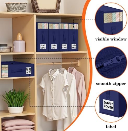 WOWBOX Sheet Organizers and Storage,Closet Bed Sheet Organizer Under Bed Storage and Organization with Label Cards & Clear Window for Bedding Sheets,Duvet Covers,Blankets (8 Pack，Blue) - Image 2