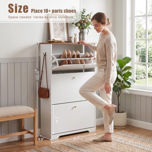 Nicetree Shoe Cabinet, 3 Flip Drawers Slim White Walnut Top Entry Storage - Image 2