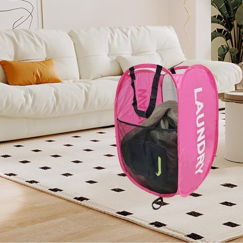 Pop Up Laundry Hamper Collapsible Laundry Basket Mesh Foldable Pink Dirty Clothes Hamper with Handles for Home, Bathroom, Bedroom, Travel, Cruise - Image 4