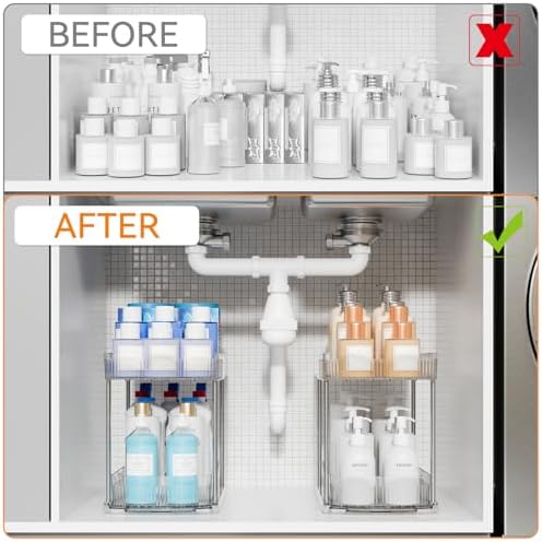 2 Pack Large Pull Out Bathroom Organizers and Storage,2 Tier 12.8″ Tall Sliding Kitchen Under Sink Organizer for Cleaning Products Storage,Acrylic Clear Bathroom inder Sink Organizer,Undersink Storage - Image 5