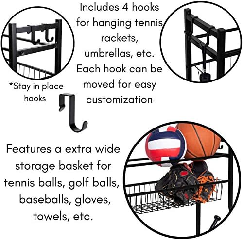 BIRDROCK HOME Sports Equipment Ball Organizer 43"H for Garage -Storage Rack - Baseball, Tennis, Football, Gym Gear - Wide Bin Basket - 4 Hooks - Kids Toy Holder - Hockey Stick Cage | Indoor - Outdoor - Image 5