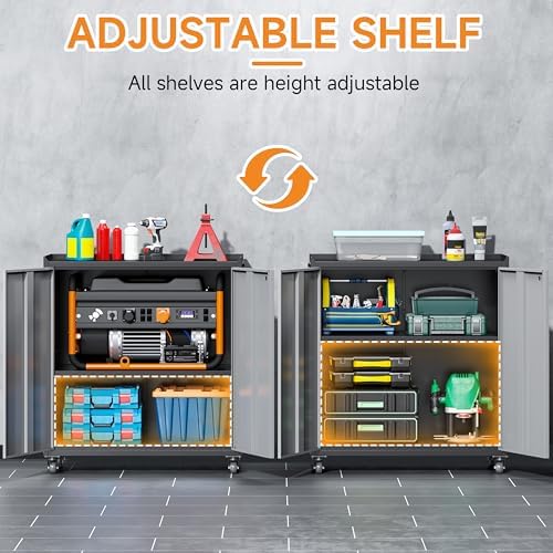 Metal Garage Storage Cabinet with Wheels, Adjustable Rolling Tool Storage Cabinet with Lock, 34" Steel Locking Tool Cabinet with Doors and Shelves for Garage, Warehouse (Black&Gray, 34.3" H) - Image 5