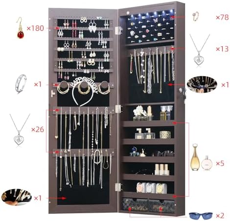 LED Jewelry Cabinet Armoire Organizer,Wall/Door Mount Jewelry Organizer and Storage with Full-Length Mirror Hanging Jewelry Organizer Full Length Mirror with Storage Large Capacity Brown - Image 3