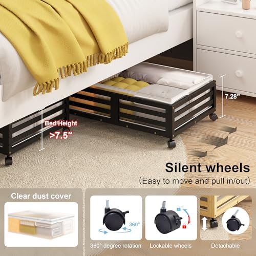 Under Bed Storage with Wheels-Large Bamboo Underbed storage Containers with Large Dust Bag Stackable Under the Bed Shoe Storage Bins for Clothes Books Bedding (2 Packs Black, 23.62"L×16.54"W× 6.51"H) - Image 4
