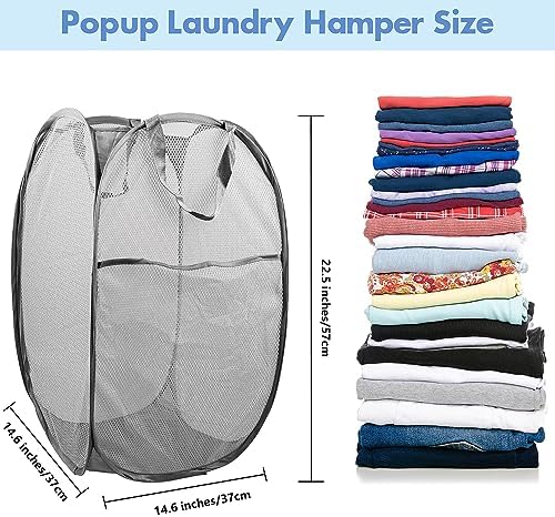 2 Pack Pop Up Laundry Hampers, 70 L Collapsible Foldable Mesh Basket, Gray - Image 2