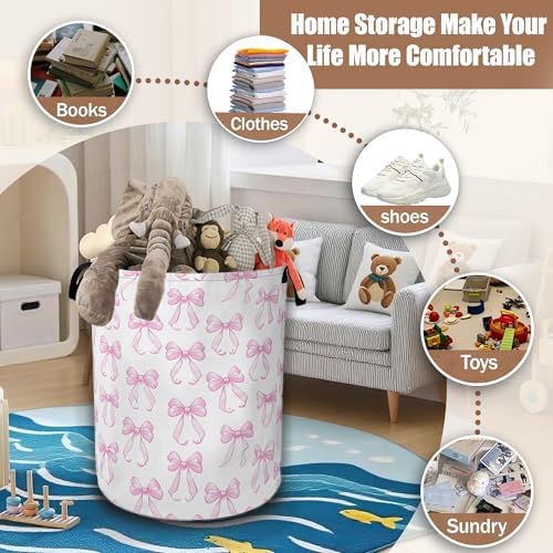 Pink Bow Laundry Hamper,Laundry Baskets,Waterproof Oxford Cloth Toy Storage for Bedroom,Bathroom,Nursery,16x20.8 Inch - Image 3