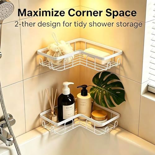 Shower Caddy 2 Pack, No Drilling Adhesive Bathroom Organizer Shelf Rack, Corner Shower Shelf with Hooks for Home Decor & Storage - Image 4