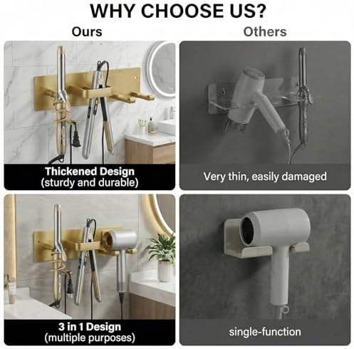 Hair Dryer Holder Hair Tool Organizer Metal Wall Mount (Gold) - Image 6