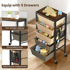 Rolling Cart with 5 Drawers, Plastic Drawer Storage Carts with Wheels & Wooden Tabletop, Metal Utility Cart with Pegboards, Office Living Room Classroom Craft Organization and Storage, Dark Brown - Image 5