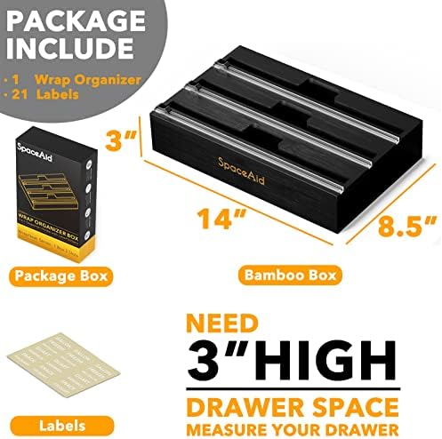 SpaceAid WrapNeat 3 in 1 Wrap Organizer with Cutter and Labels, Plastic Wrap, Aluminum Foil and Wax Bamboo Dispenser for Kitchen Storage Organization Holder for 12" Roll (Black) - Image 3