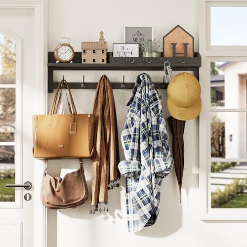 AMBIRD 35 inch Wall Hooks with Shelf, Coat Rack Wall Mount, Large Coat Hanger for Wall, Entryway Shelf with 7 Dual Coat Hooks, 4 Key Hooks and Mail Organizer, Wooden Key Holder Rack (Black) - Image 4