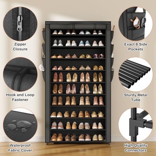 VTRIN Tall Shoe Rack with Cover, 10 Tier Shoe Organizer Storage for 50-55 Pairs Shoes and Boots Large Capacity Shoe Shelf with 8 Pockets Free Standing Shoe Rack for Closet, Entryway, Garage - Image 5