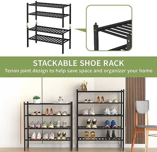 ROMGUAR CRAFT 5 Tier Bamboo Shoe Rack for Closet Free Standing Wood Shoe Shelf for Entryway Small Space Stackable 27"x11"x33" (Black) - Image 5