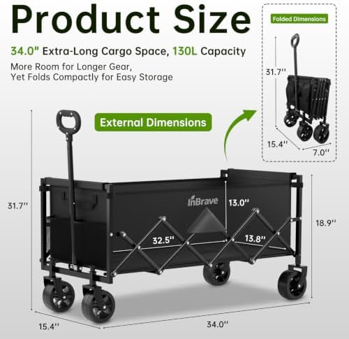34" Extra Long Collapsible Wagon Cart, 360LBS Capacity, Black - Image 2