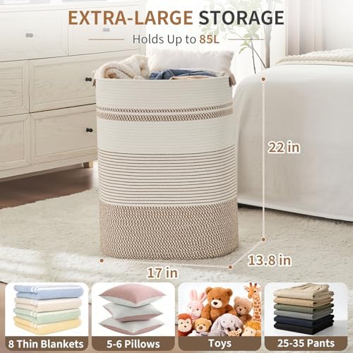 AINUOQI Laundry Basket with Handles - Blanket Basket & Hampers for Bedroom Aesthetic, Laundry Hamper & Blanket Storage for Living Room, Clothes Hamper, Tall, Large 17" x 14" x 22”, Brown & White - Image 2