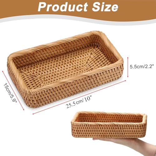 Hipiwe Natural Rattan Tray Key Basket for Entryway Rectangle Wicker Trays - Image 3