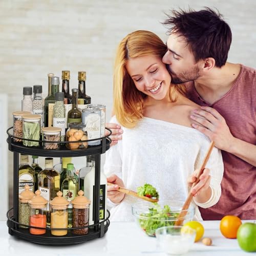 Snughome Lazy Susan Spice Rack, 2 Tier Rotating Spice Rack, Wood Lazy Susan Organizer for Cabinet, Black Kitchen Counter Shelf, 10.2" x 10.2" x 10.4" - Image 7