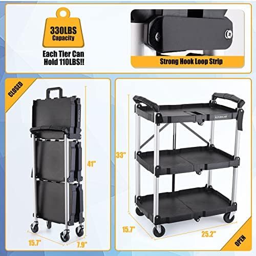 FUTURELAB Portable Folding Service Cart - 3 Tier 330LBS Capacity - Rolling Utility Foldable Cart with Wheels for Warehouse Home Workshops Garages Restaurants Offices - Image 3