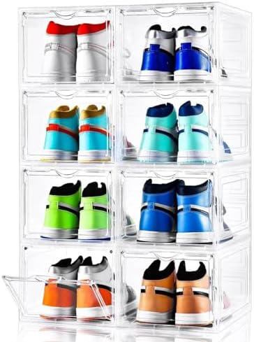 Clemate Upgraded X-Large Shoe Storage Box,8 Pack,Shoe Box Clear Plastic Stackable,Drop Front Shoe Box with Clear Door,Shoe Organizer and Shoe Containers For Sneaker Display,Fit up to US Size12 by Clemate