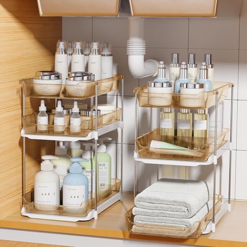 Delamu 2 Pack 3-Tier Bathroom Under Sink Organizers and Storage, Multi-Purpose Stackable Pantry Organization and Storage, Pull Out Clear Kitchen Bathroom Cabinet Organizer with Movable Dividers, Amber by DELAMU