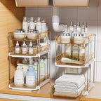 Delamu 2 Pack 3-Tier Bathroom Under Sink Organizers and Storage, Multi-Purpose Stackable Pantry Organization and Storage, Pull Out Clear Kitchen Bathroom Cabinet Organizer with Movable Dividers, Amber by DELAMU