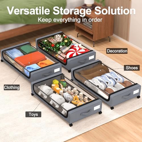 GoMaihe Under Bed Storage with Wheels 48L Grey 2-Pack | Rolling Bins for Shoes Clothes in Dorm Bedroom - Metal Drawers Easy Pull-out - Image 6