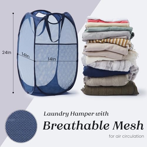 TECHMILLY Collapsible Mesh Pop Up Laundry Hamper with Sturdy Handles and Side Pocket - Portable Foldable Clothes Baskets for Dorm, Bathroom & Travel Storage (Blue, 2 Packs) - Image 5