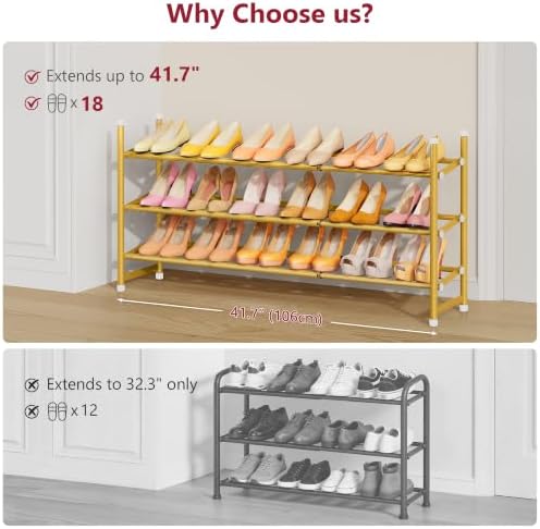 Tajsoon Expandable Shoe Rack for Closet 3 Tier, 28“-41“Stackable, Gold - Image 3
