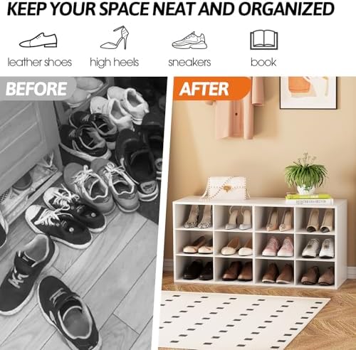 Garden 4 you Shoe Storage Bench, Cubby Shoe Rack with 12 Cubbies, 3-Tier Wood Shoe Rack Organizer, Shoe Organizer Cabinet for Entryway, Hallway, Closet and Garage, White - Image 6