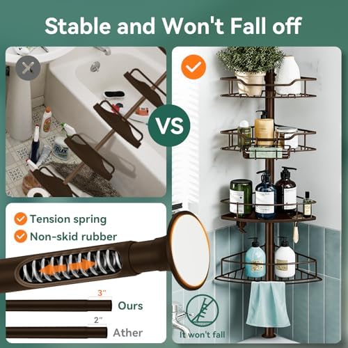 Corner Shower Caddy Tension Pole, 4 Tier Rustproof Shower Tension Rod Organizer, Adjustable 25-125 Inch Bathroom Shower Organizer Shelves for Bathtub Shampoo Storage, Brown - Image 2