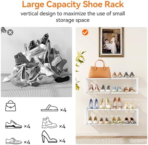 IBUYKE 2 Pack Wall Mounted Shoe Rack, 16"-29” Expandable Hanging Shoe Organizer for 12-16 Pairs, Space Saving Metal Wall Shoe Storage for Entryway Closet, White TXJ001W-2 - Image 7