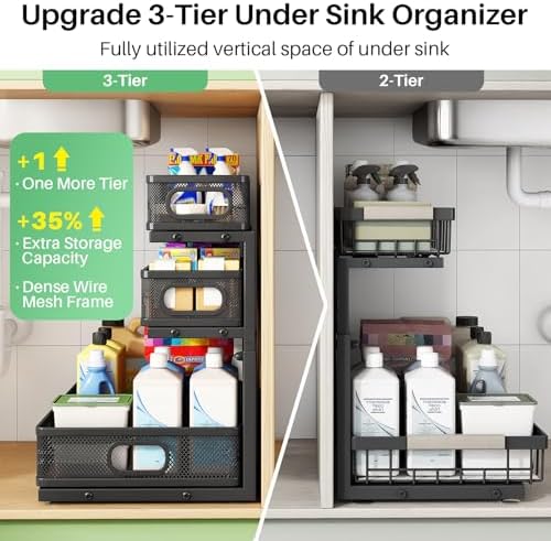 Kitstorack Under Sink Organizer, 1-Pack 3-Tier Height Adjustable Thickened Metal Pull out Cabinet Organizer Shelf, Slide out Storage Drawer Rack for Bathroom Kitchen Pantry Home Laundry Organization - Image 2