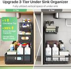 Kitstorack Under Sink Organizer, 1-Pack 3-Tier Height Adjustable Thickened Metal Pull out Cabinet Organizer Shelf, Slide out Storage Drawer Rack for Bathroom Kitchen Pantry Home Laundry Organization - Image 2