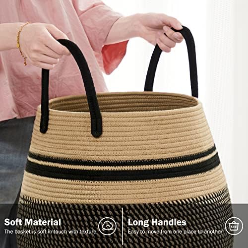 Large Laundry Hamper Basket 65L Woven Blanket Basket, Brown & Black - Image 4