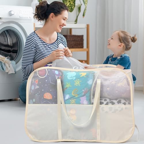 Collapsible Laundry Baskets with 3 Compartment, 150L Tear-proof Pop Up Hamper, Foldable Laundry Basket with Tote Handles, Dirty Clothes Hamper for Laundry, Bedroom, Bathroom, Dorm Beige - Image 2