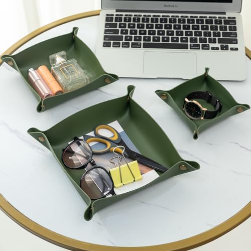 3 packs PU Leather Tray in 3 Sizes Jewelry Tray Glossy Leather Desk Organizer Leather Catchall Tray for Jewelry/Key/Coin/Sun Glasses/Watch/USB Cables etc. (Avocado green) - Image 2