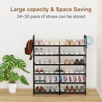 2-Row 6-Tier Stackable Shoe Rack, Black Metal Shoe Shelf with Multifunctional Hooks, Hold 24-30 Pairs, Space Saving Shoes Organizer for Closet,Show Rack - Image 5