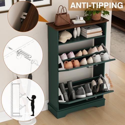 24" W Hidden Shoe Storage Cabinet with 2 Flip Drawers & Open Storage - Image 3