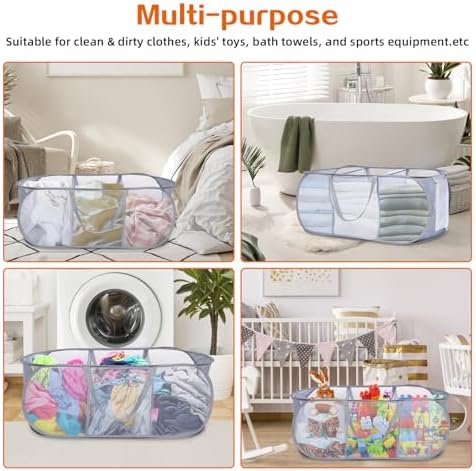 Durable Collapsible Foldable Pop Up Laundry Hamper, Sturdy 3 Compartments, Handy Pocket & Easy to Sort Clothes Hampers for Dorm, Kids Room, Travel - Grey - Image 7